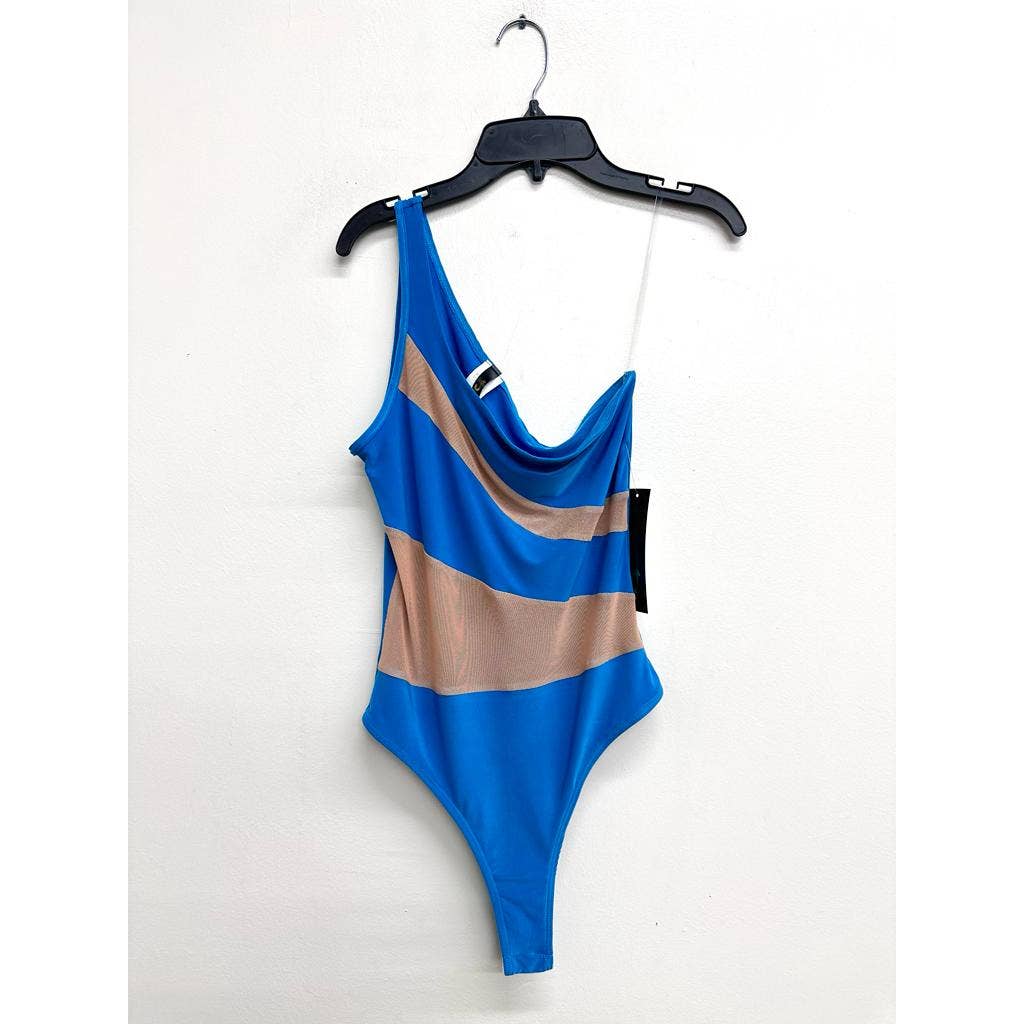 J7327 One Shoulder Mesh Contrast Bodysuit