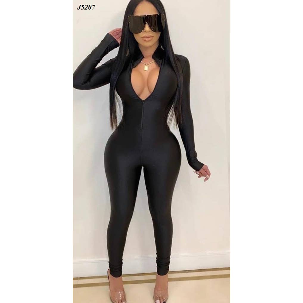 J5207 Shiny Front Zipper Stretch Catsuit