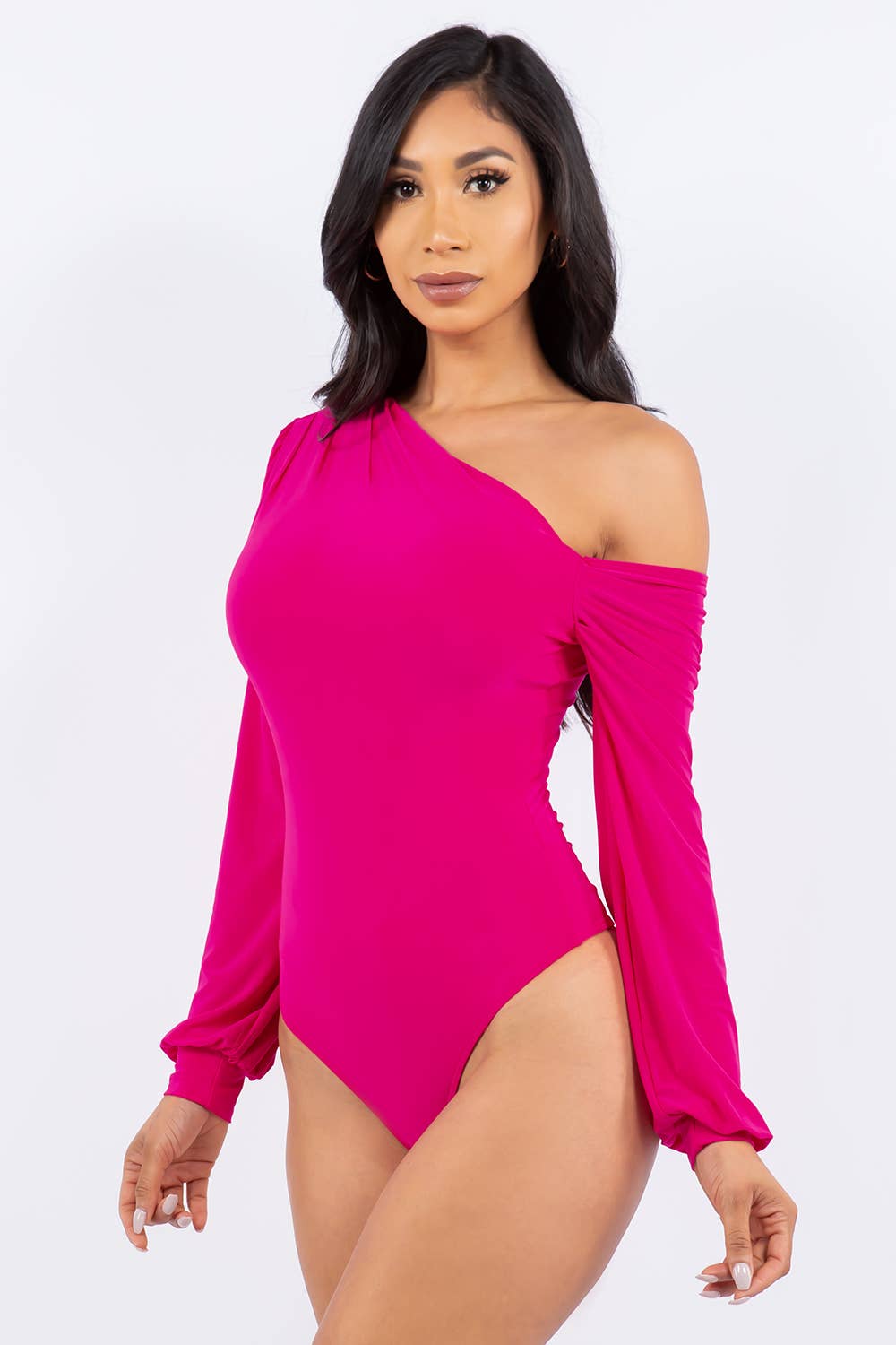 J7171 One Shoulder Puff Sleeve Bodysuit