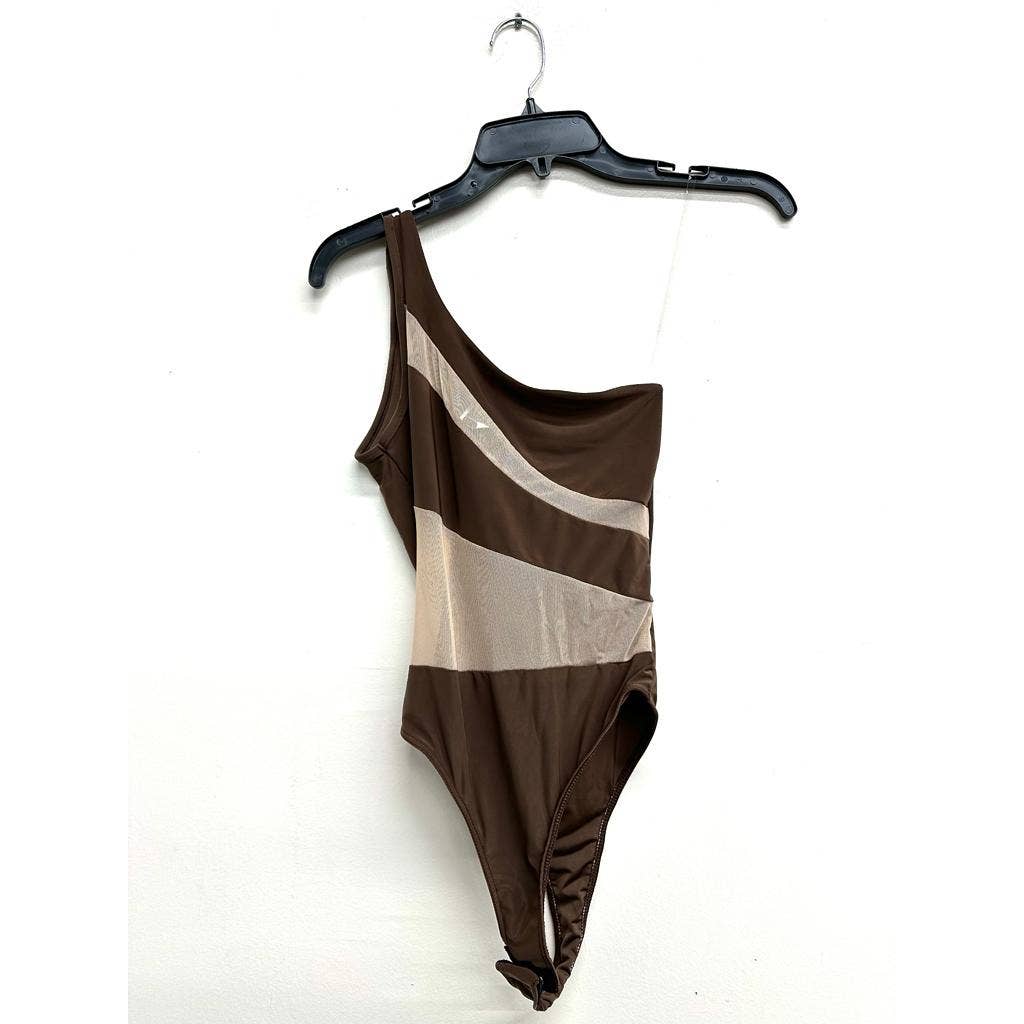 J7327 One Shoulder Mesh Contrast Bodysuit