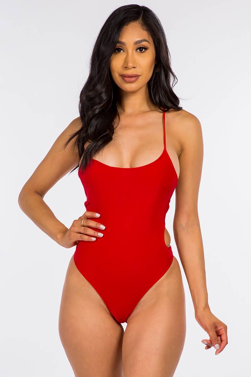 J6246 Cross Back Snap Button Spaghetti Sexy Bodysuit