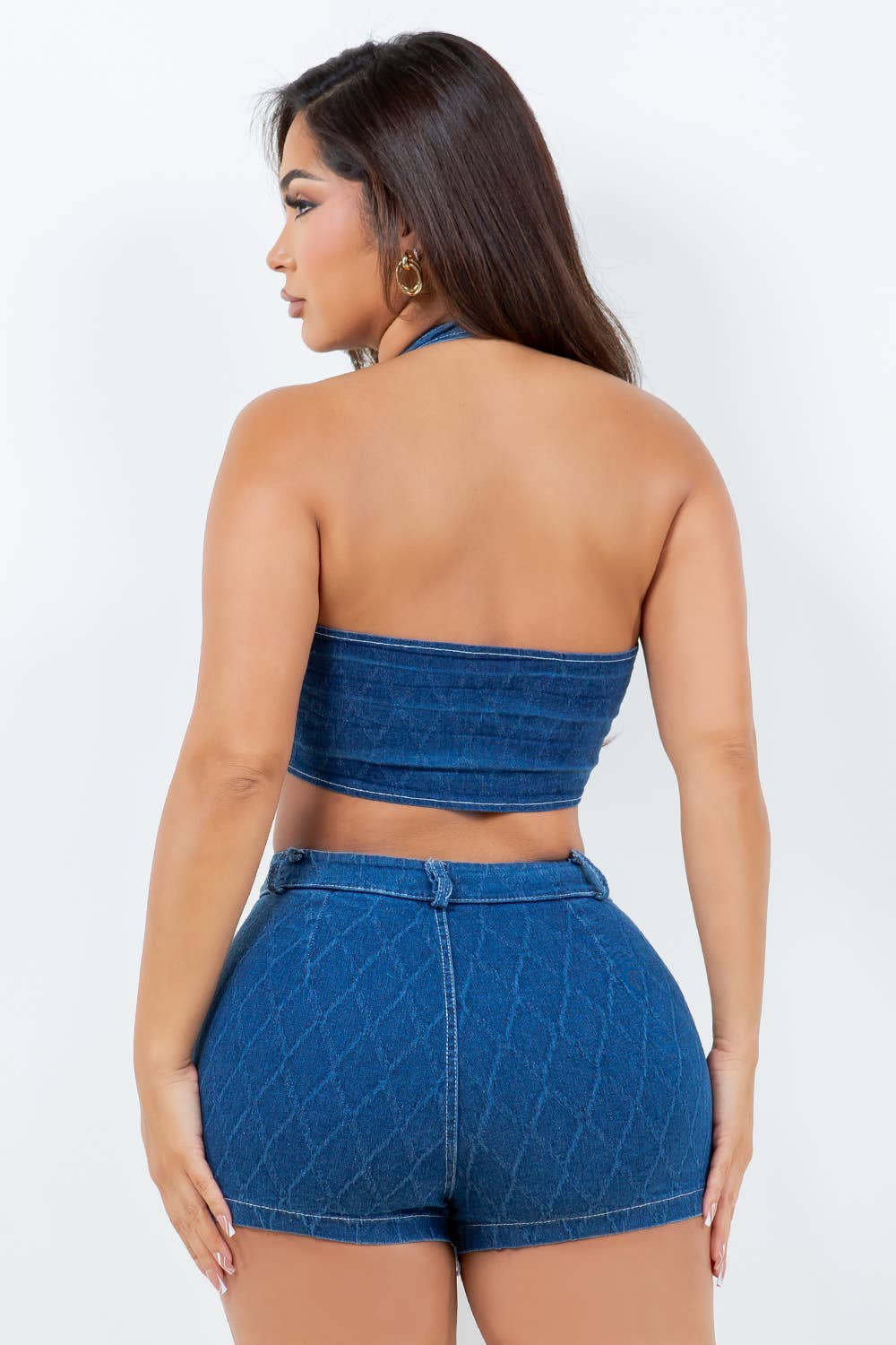 T6527-S963 DENIM HALTER TOP AND SKIRT SET