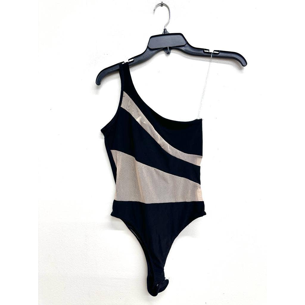 J7327 One Shoulder Mesh Contrast Bodysuit