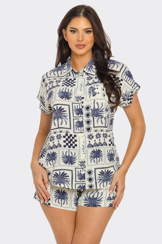 ST4280 Print Front Button Down Top And Shorts Set