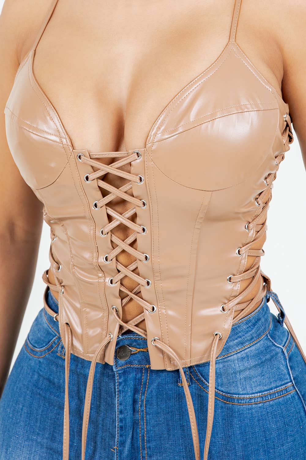 T6686 FAUX LEATHER CORSET TOP WITH EYELETS