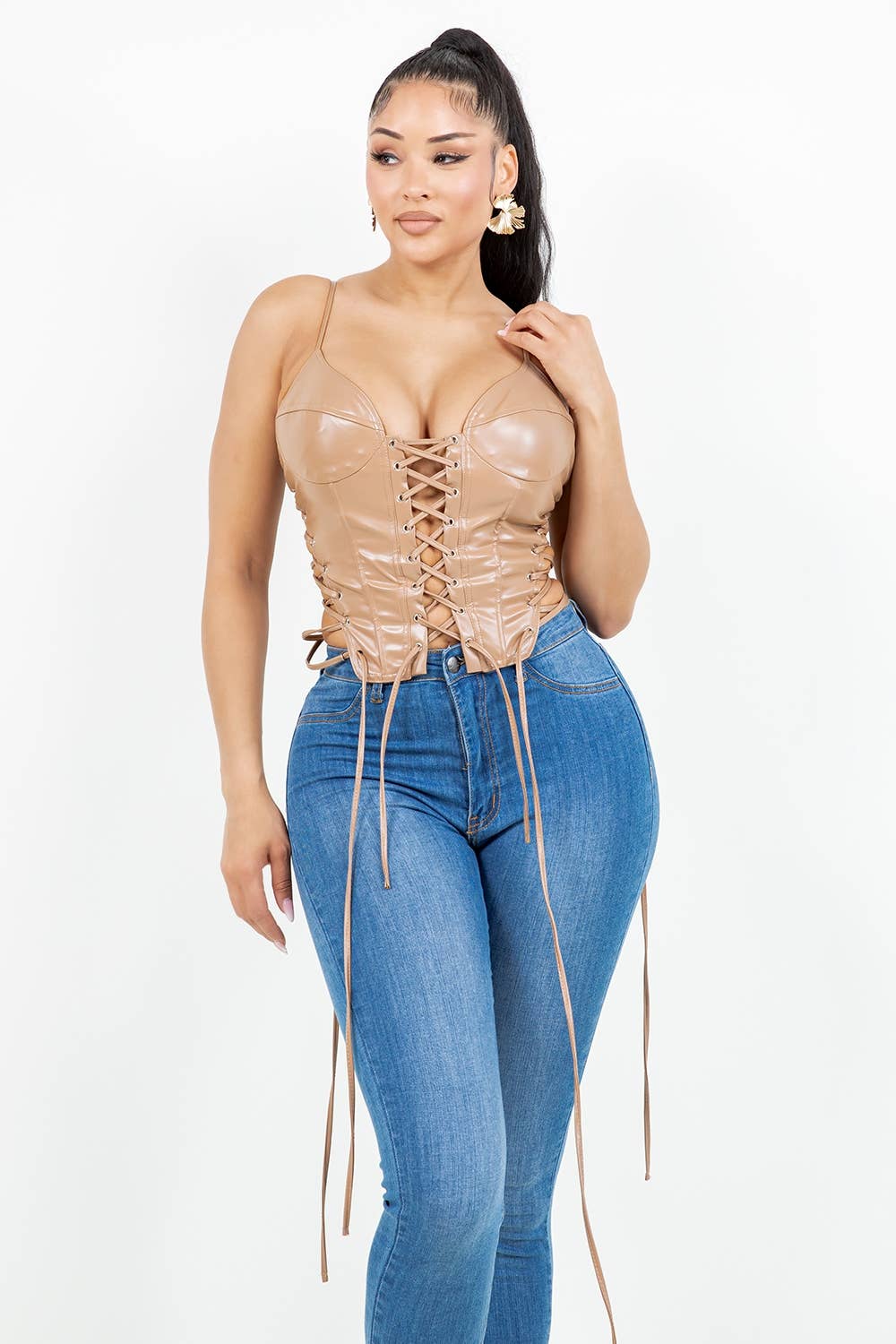 T6686 FAUX LEATHER CORSET TOP WITH EYELETS