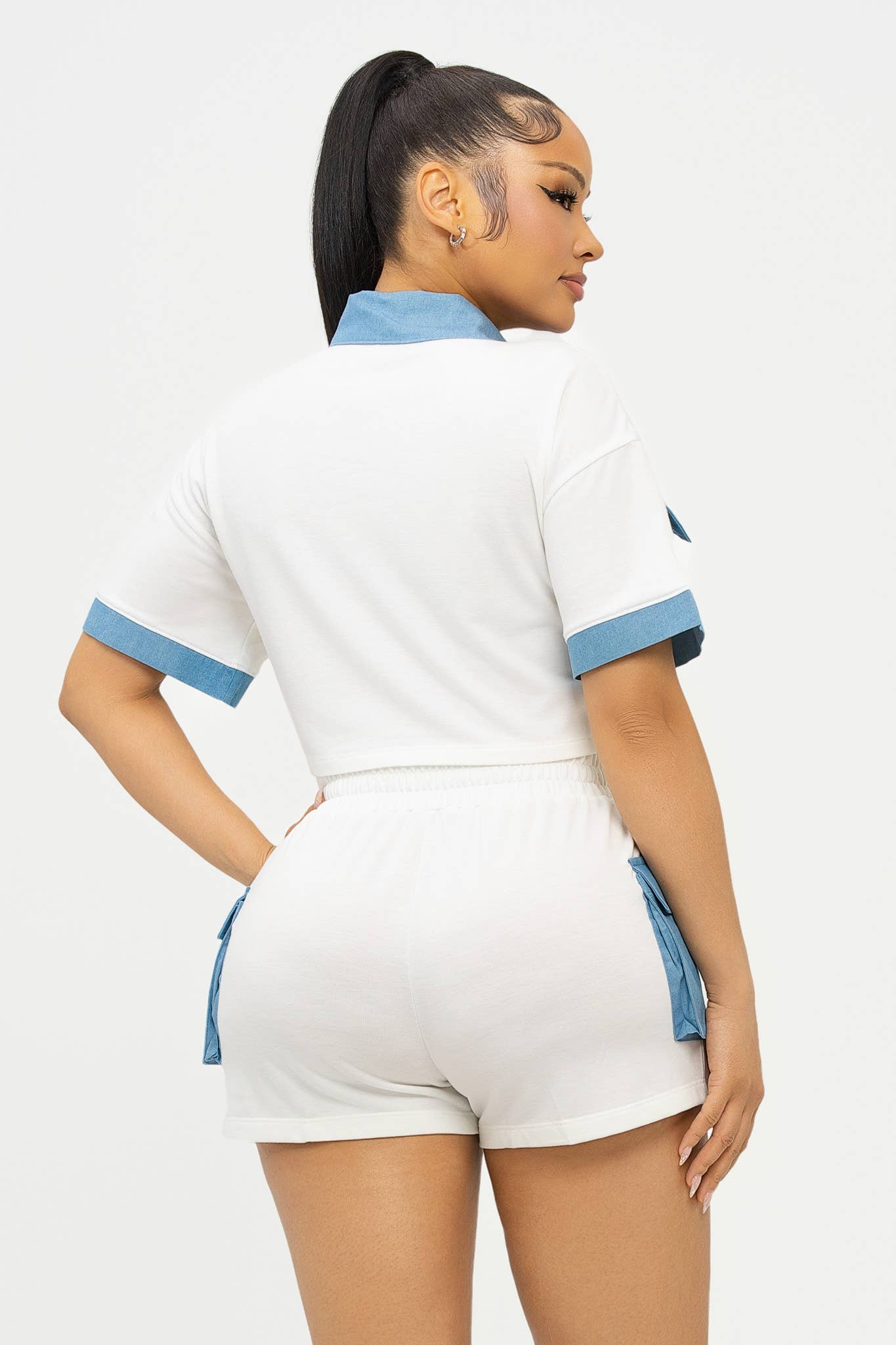 ST4776 Color Block Front Button Down Top And Shorts Set