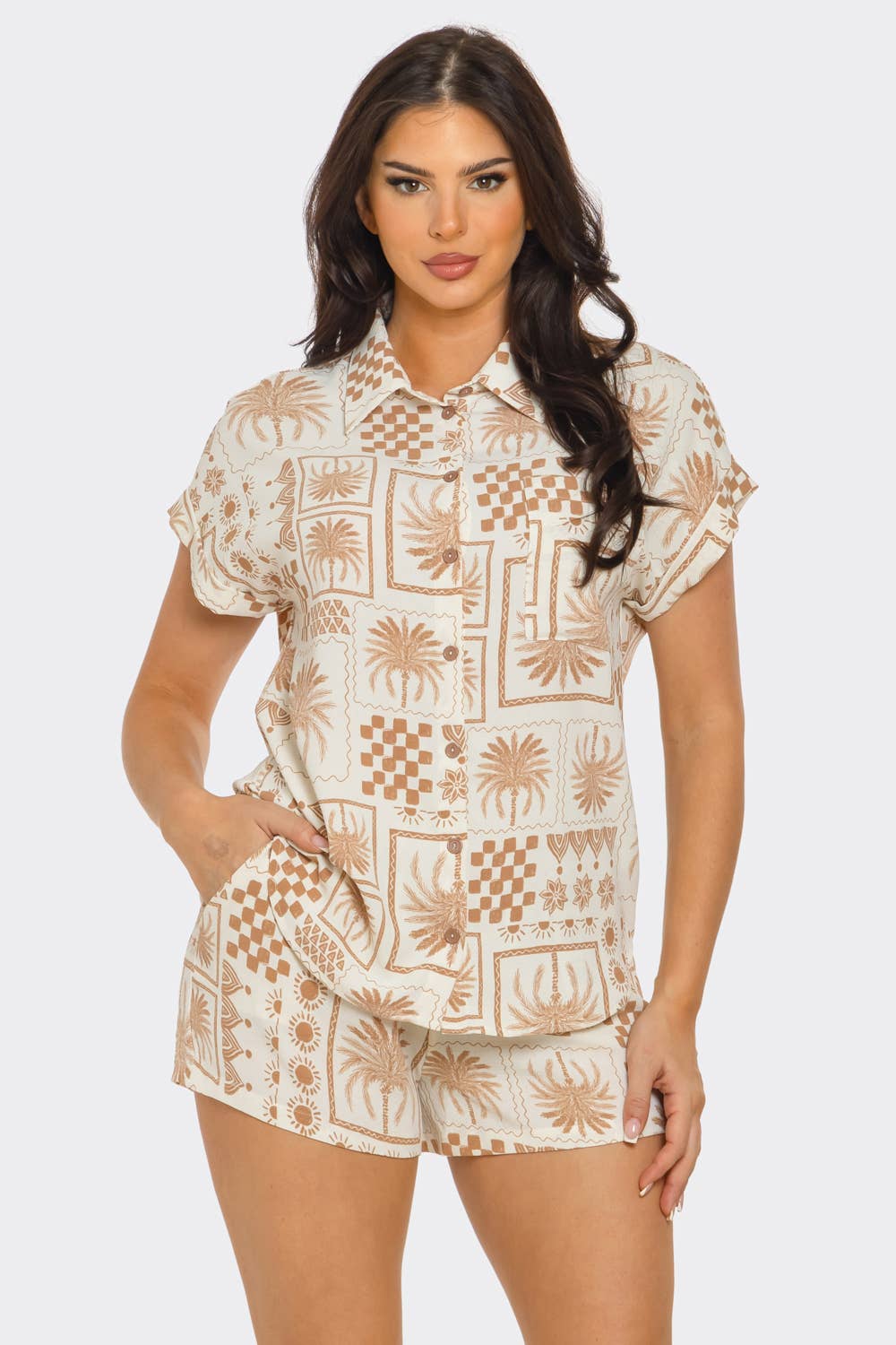 ST4280 Print Front Button Down Top And Shorts Set