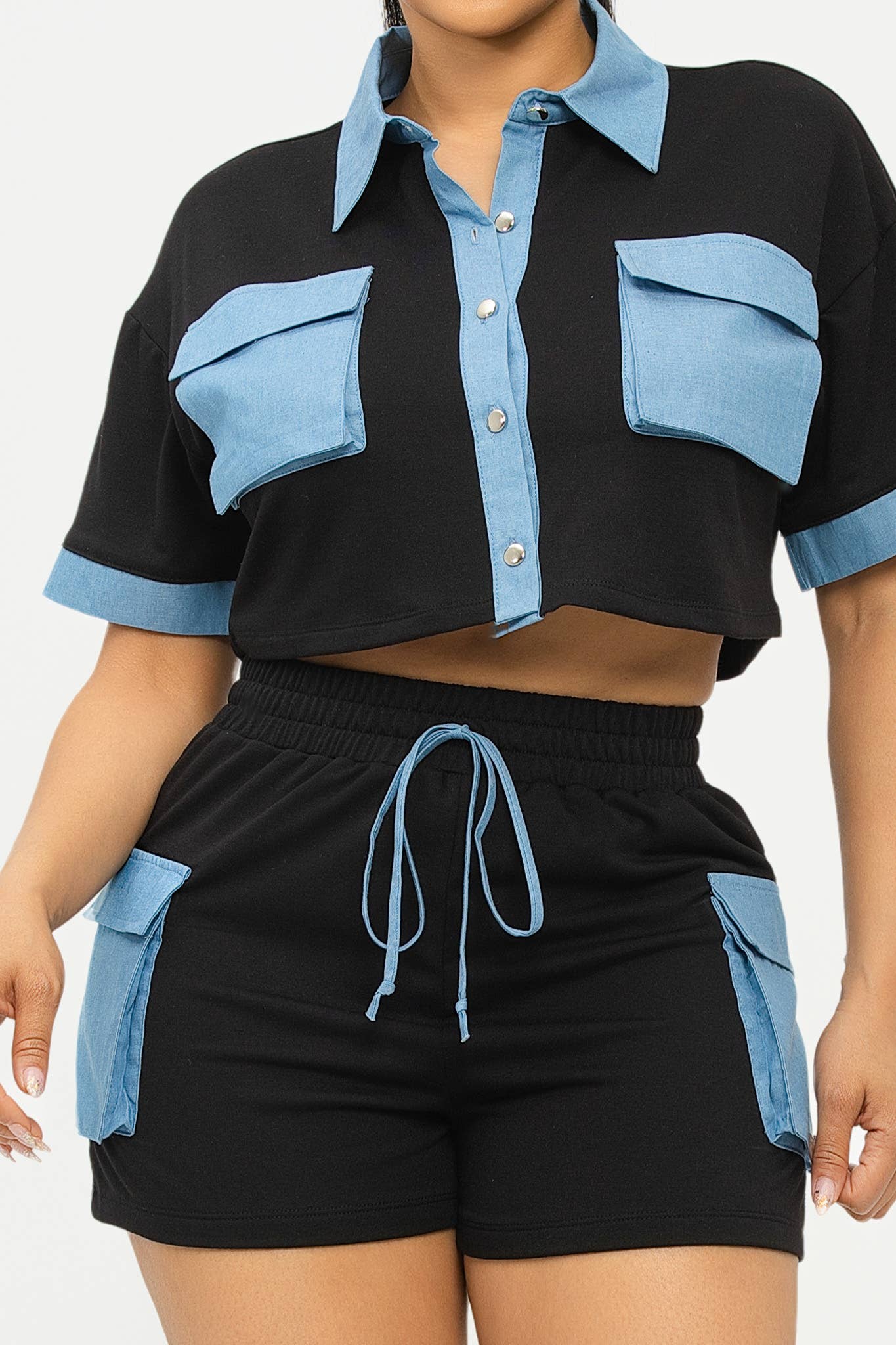 ST4776 Color Block Front Button Down Top And Shorts Set