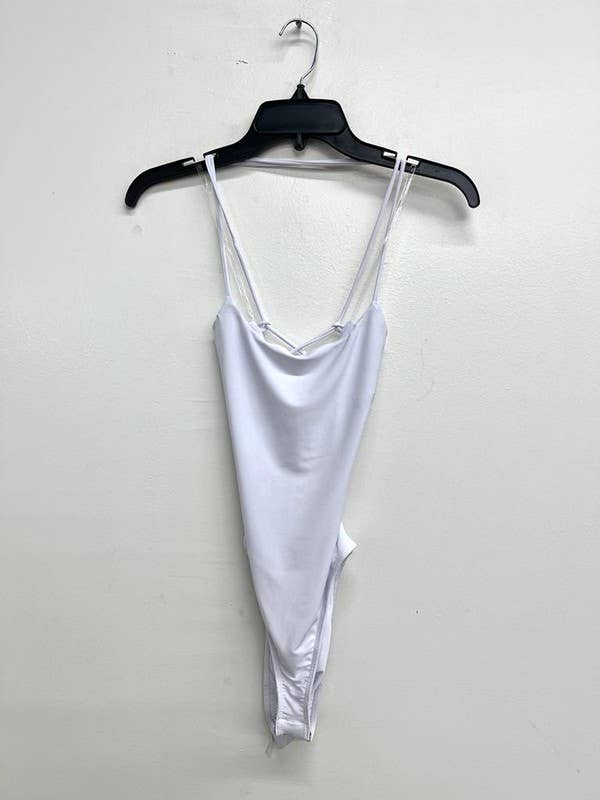 J6246 Cross Back Snap Button Spaghetti Sexy Bodysuit