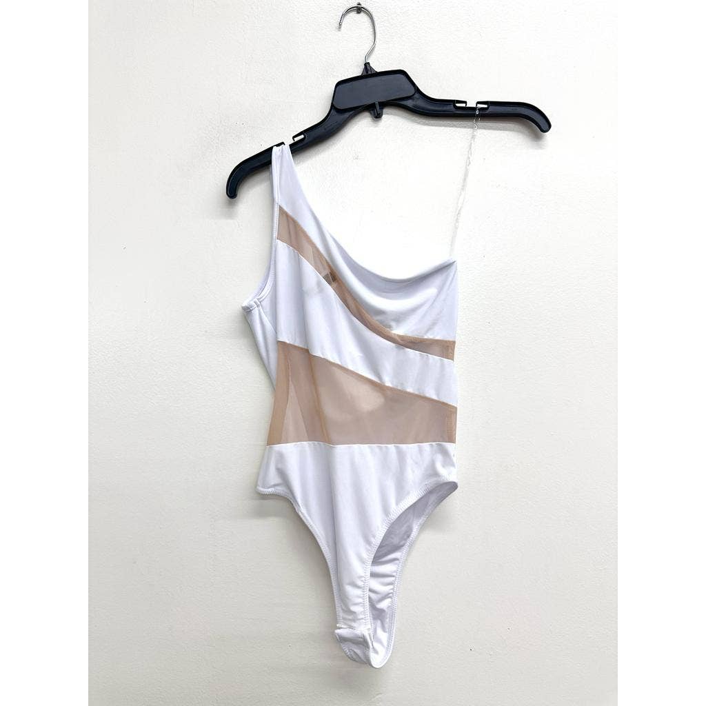 J7327 One Shoulder Mesh Contrast Bodysuit