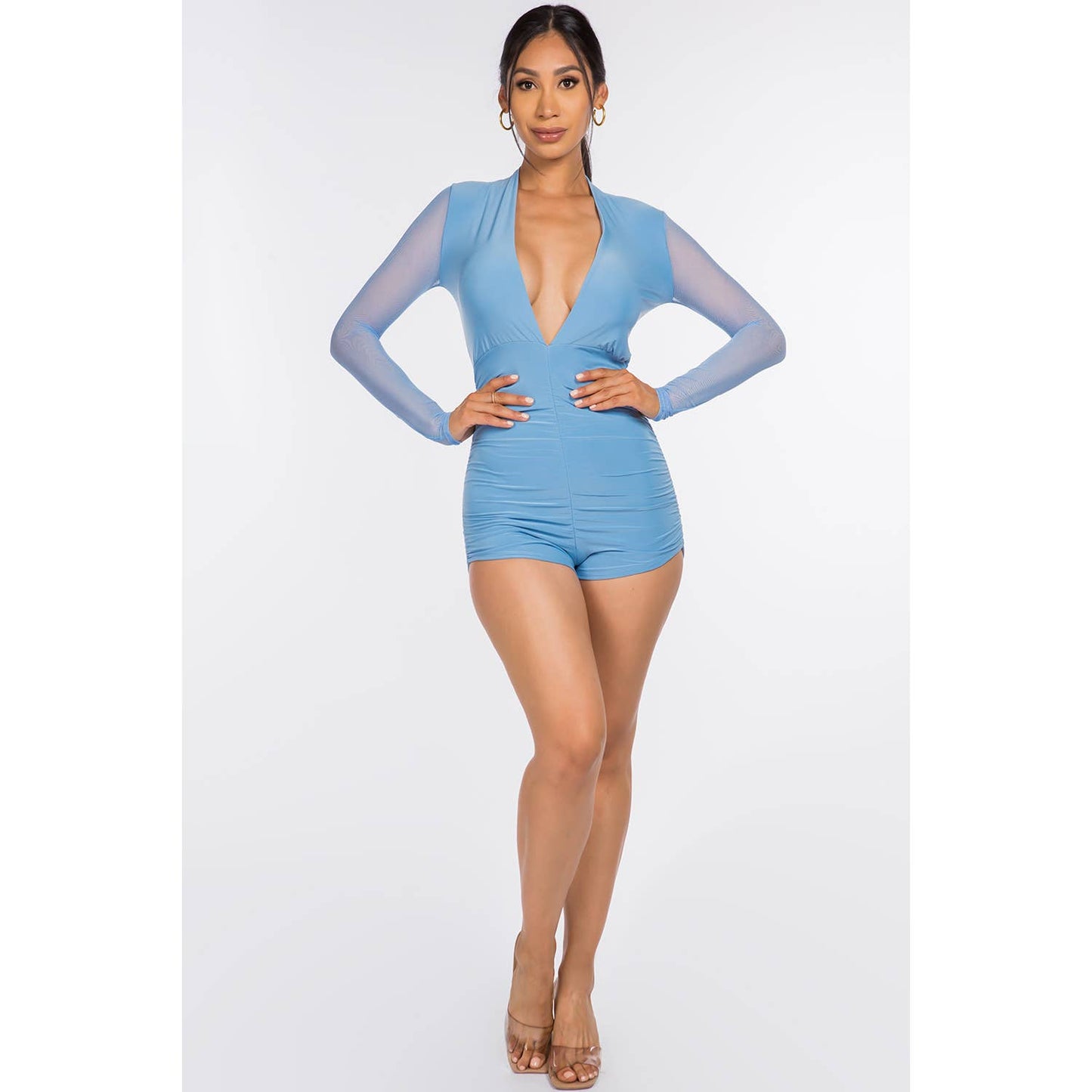 J4947 Ruched Mesh Contrast Ruched Romper