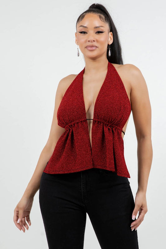 T6797 GLITTER HALTER TOP WITH OPEN TIE BACK