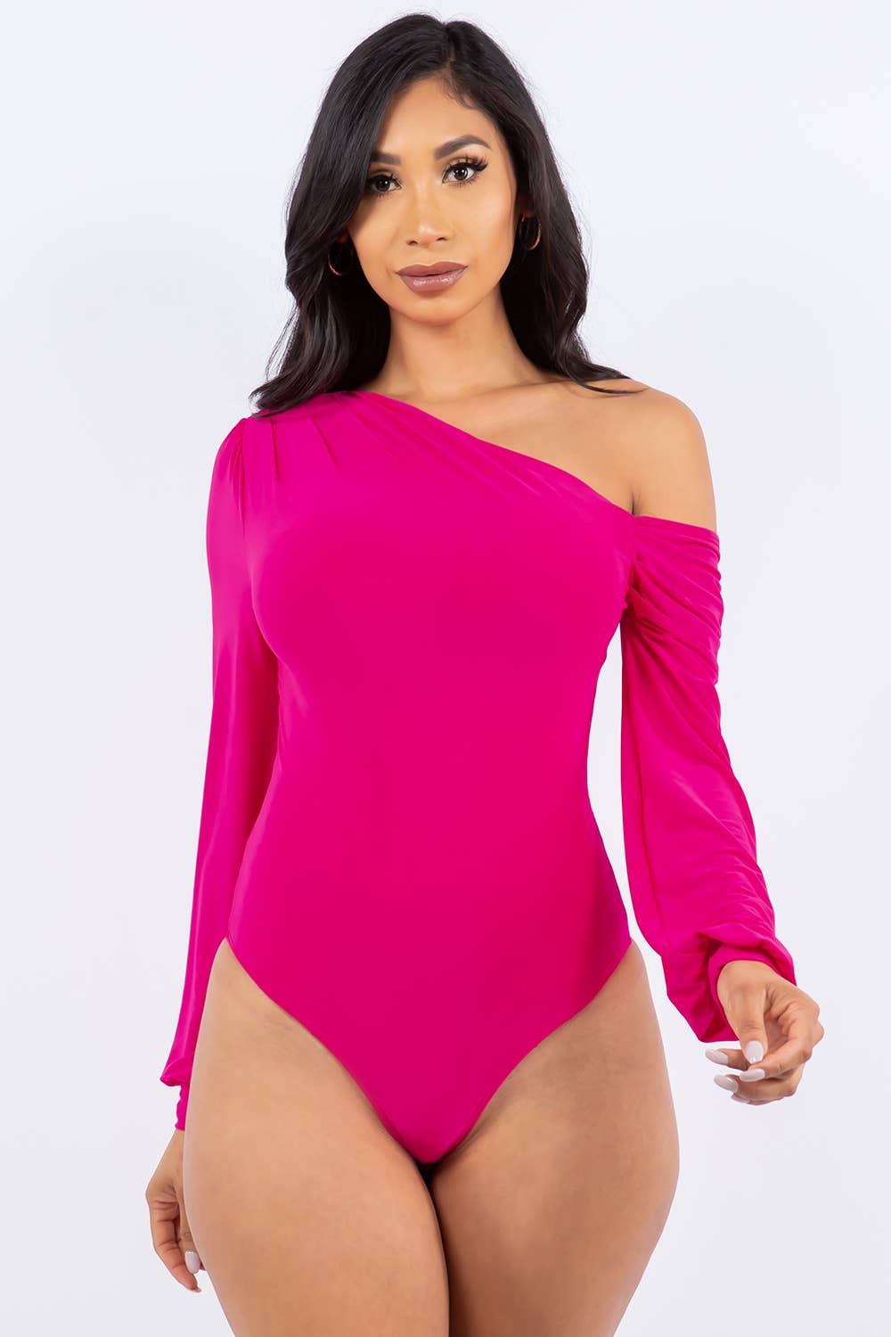 J7171 One Shoulder Puff Sleeve Bodysuit