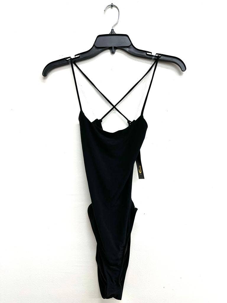 J6246 Cross Back Snap Button Spaghetti Sexy Bodysuit
