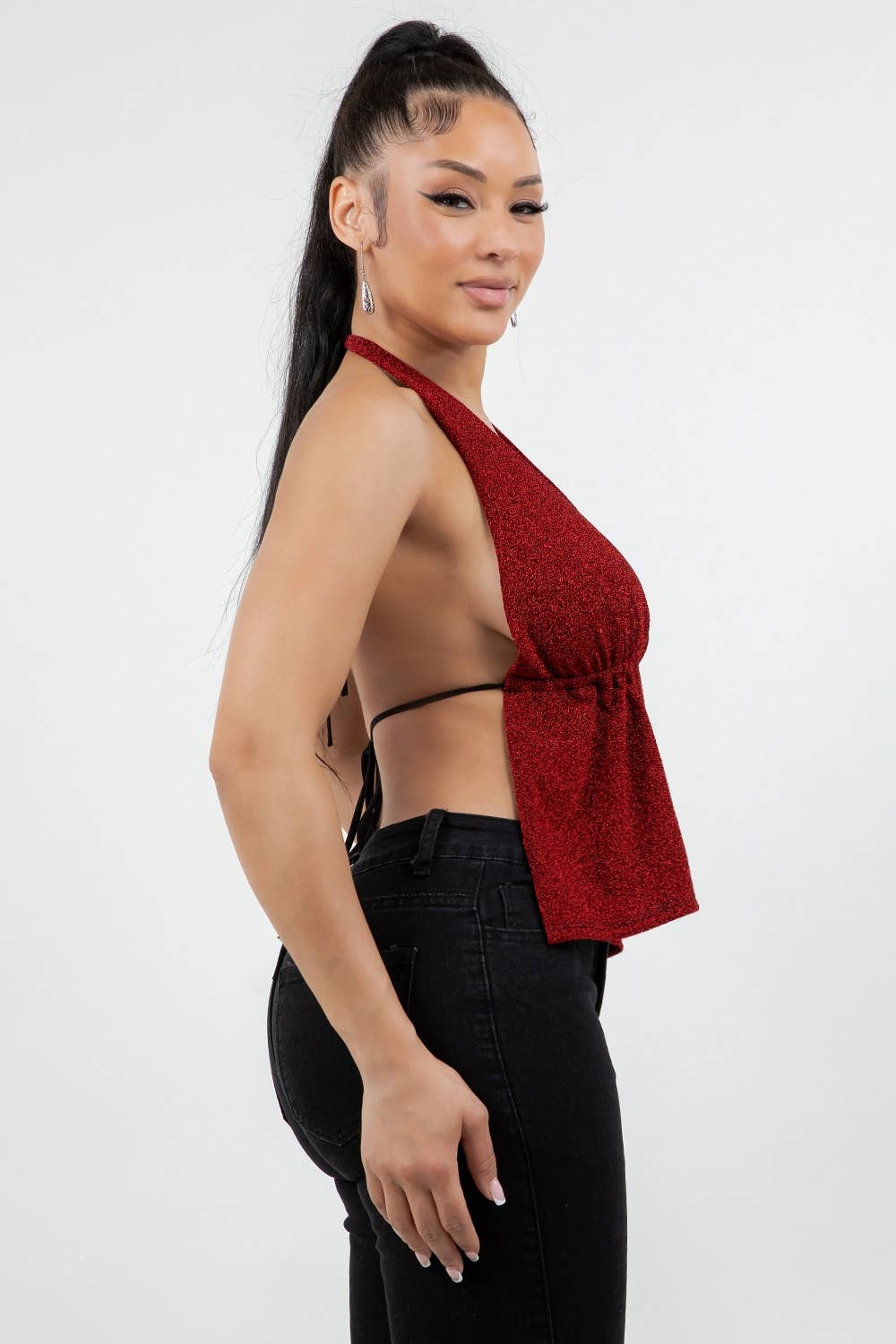 T6797 GLITTER HALTER TOP WITH OPEN TIE BACK
