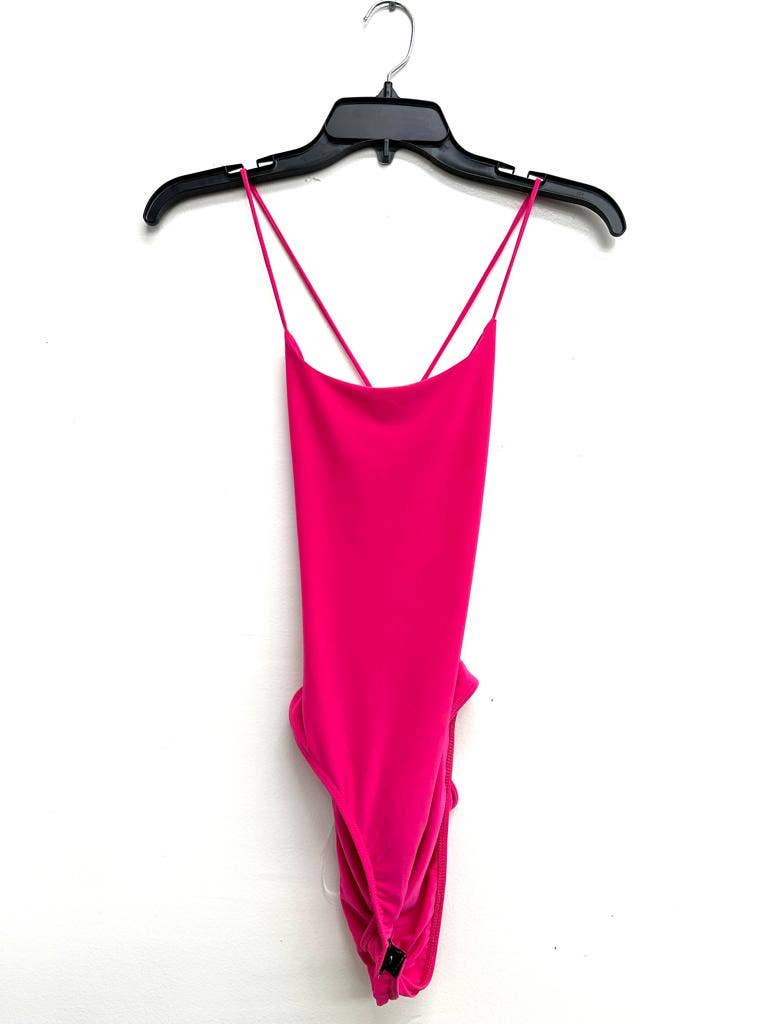 J6246 Cross Back Snap Button Spaghetti Sexy Bodysuit