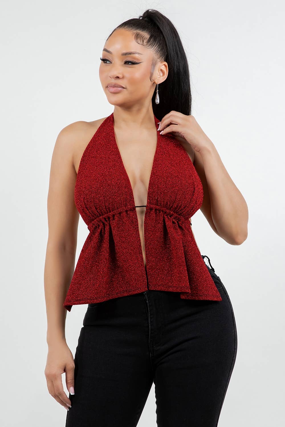 T6797 GLITTER HALTER TOP WITH OPEN TIE BACK
