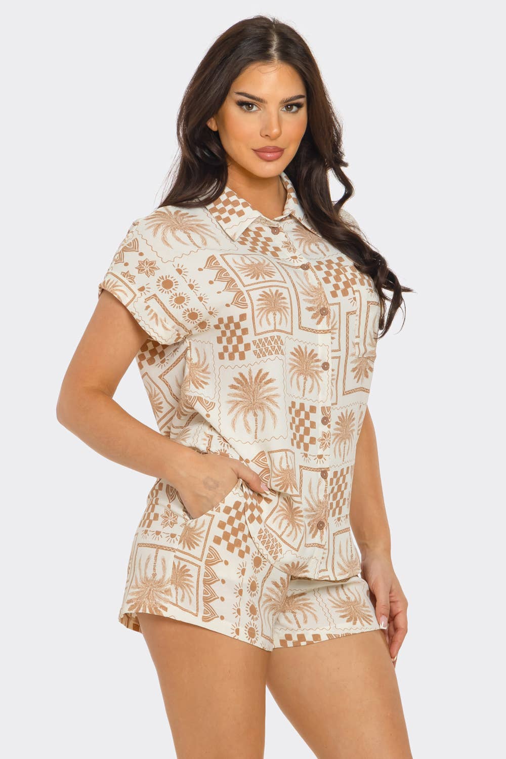 ST4280 Print Front Button Down Top And Shorts Set