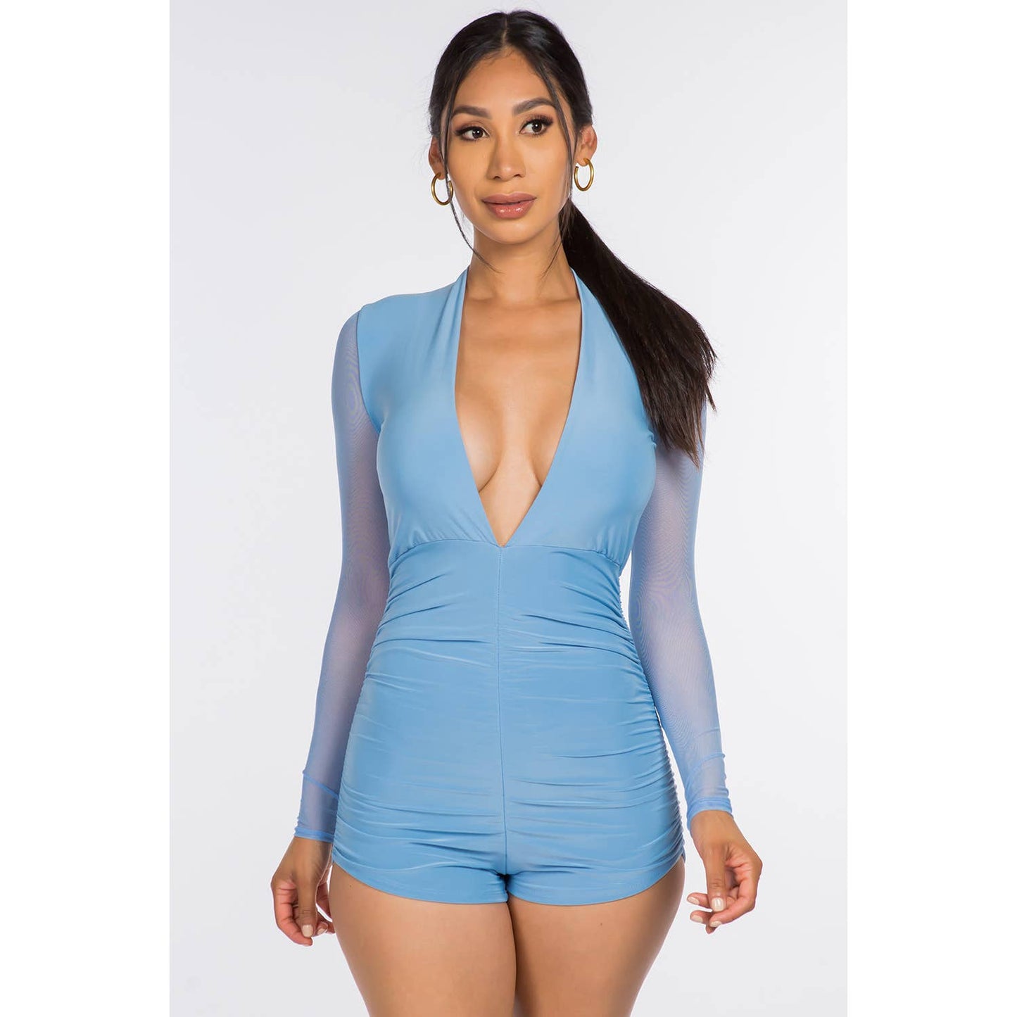 J4947 Ruched Mesh Contrast Ruched Romper