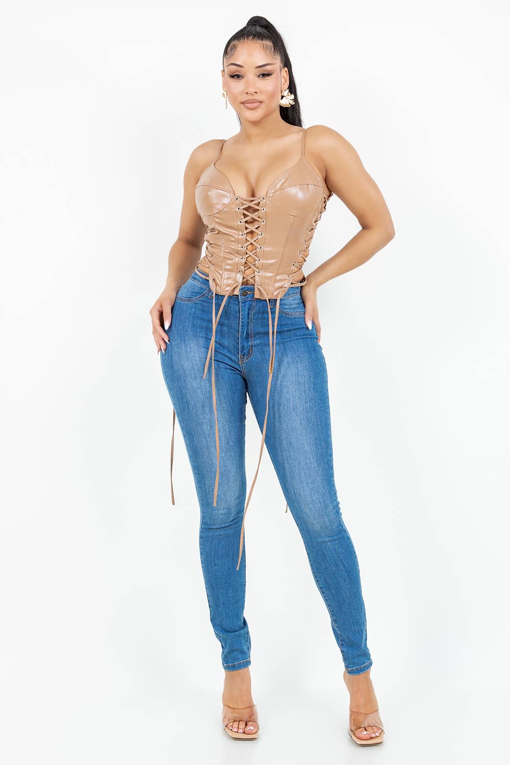 T6686 FAUX LEATHER CORSET TOP WITH EYELETS