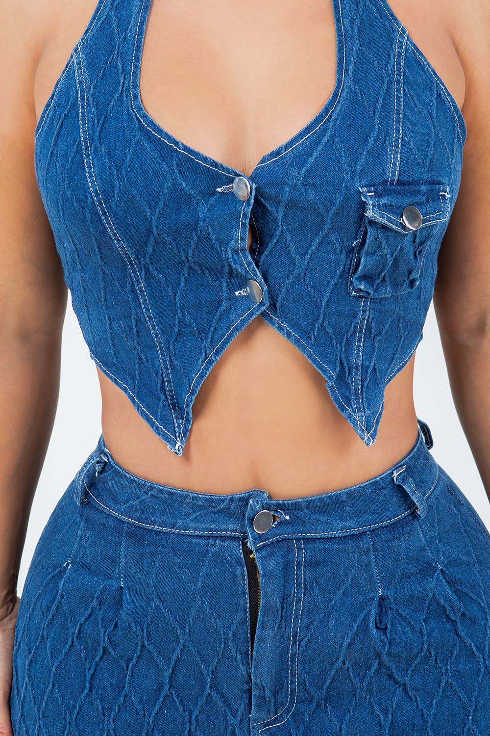 T6527-S963 DENIM HALTER TOP AND SKIRT SET