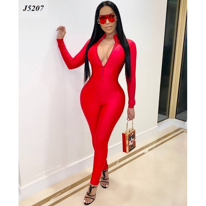 J5207 Shiny Front Zipper Stretch Catsuit