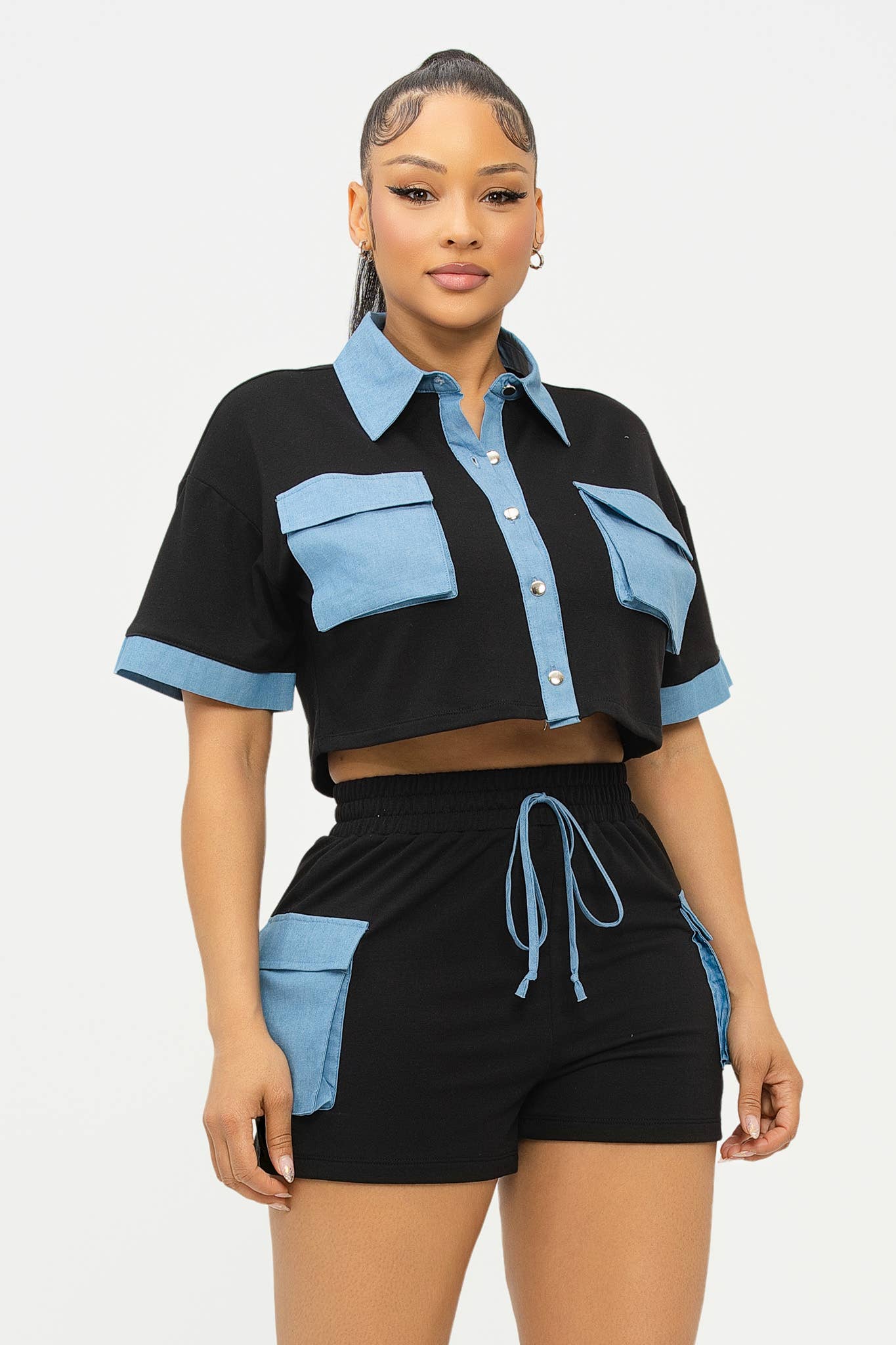 ST4776 Color Block Front Button Down Top And Shorts Set