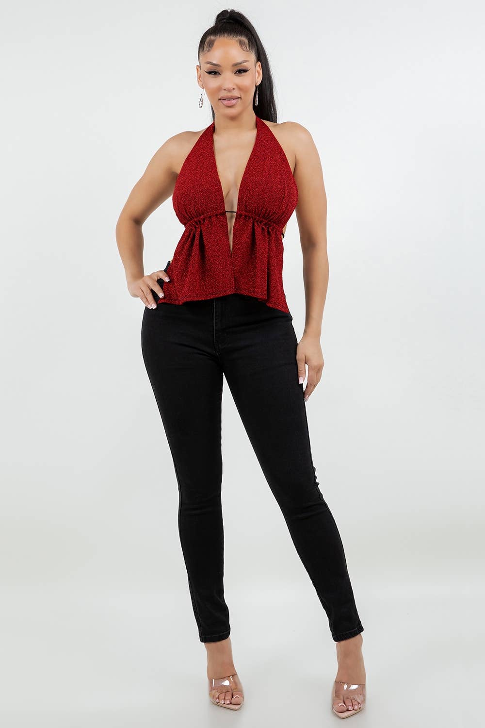 T6797 GLITTER HALTER TOP WITH OPEN TIE BACK