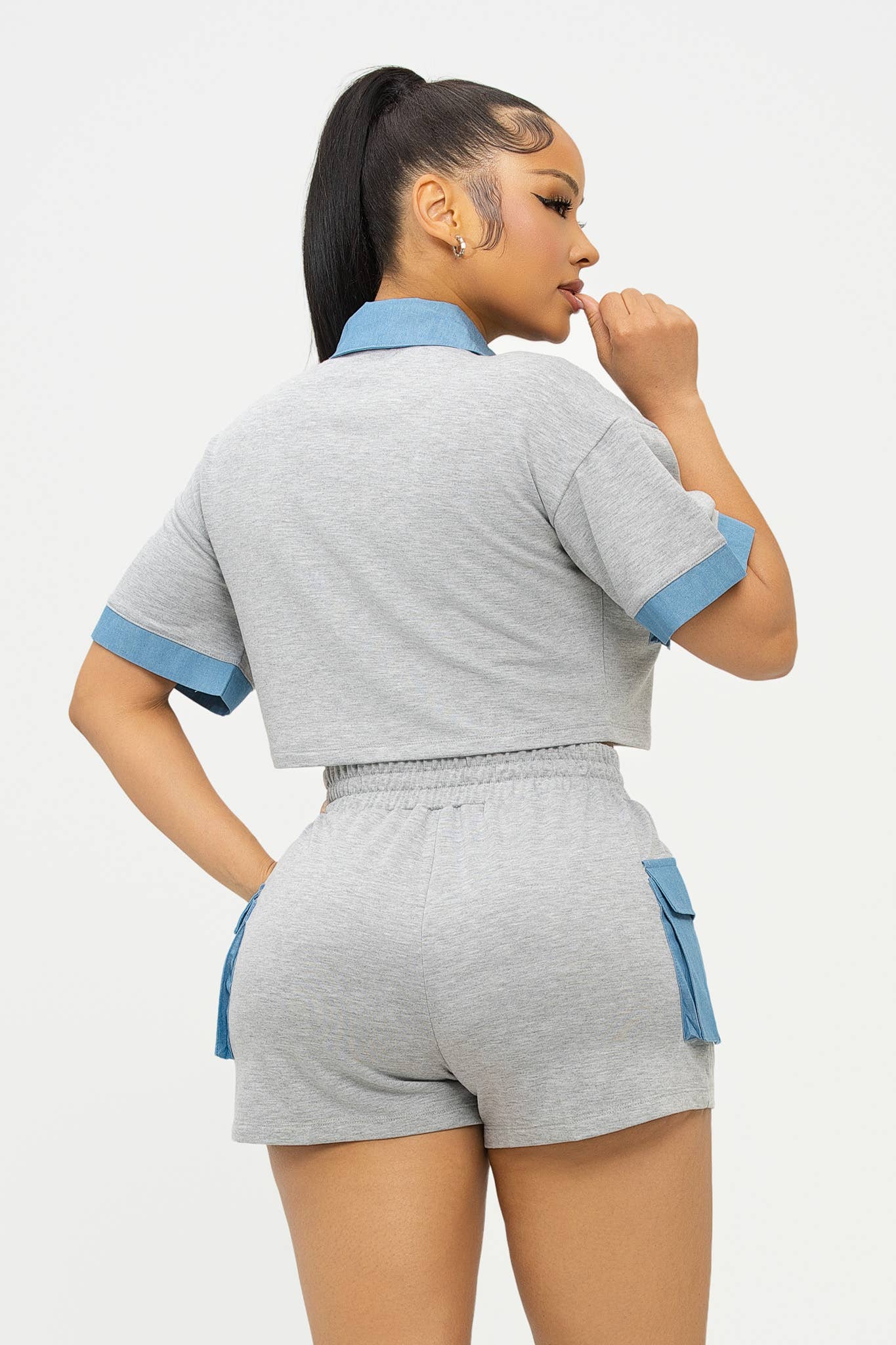 ST4776 Color Block Front Button Down Top And Shorts Set