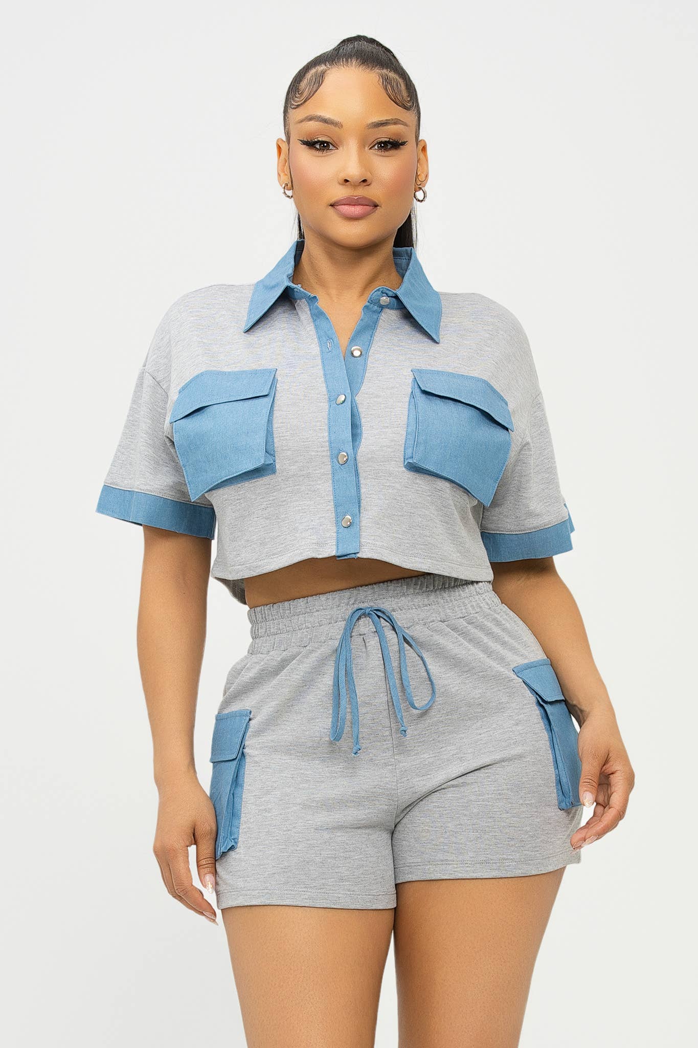 ST4776 Color Block Front Button Down Top And Shorts Set