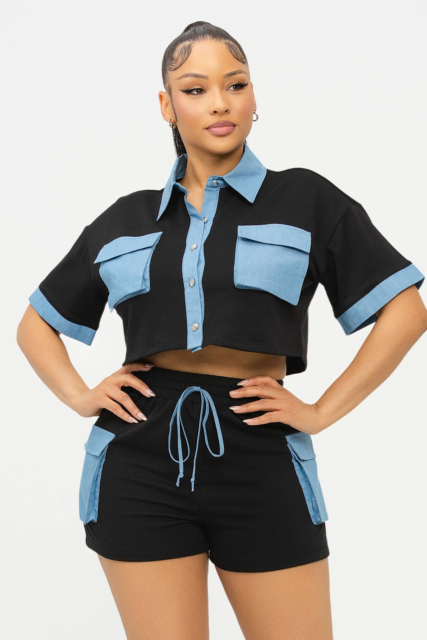 ST4776 Color Block Front Button Down Top And Shorts Set