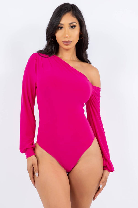 J7171 One Shoulder Puff Sleeve Bodysuit