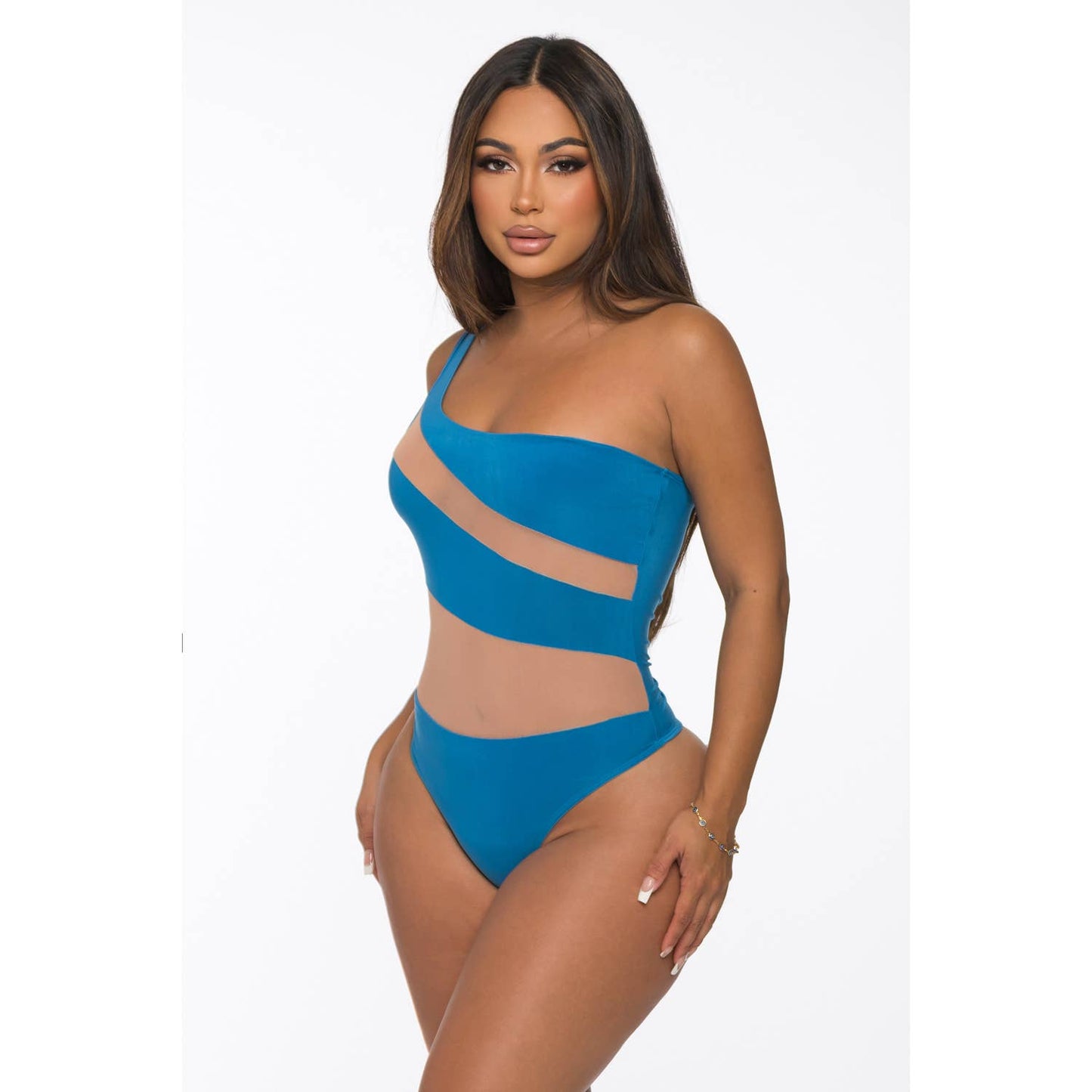 J7327 One Shoulder Mesh Contrast Bodysuit