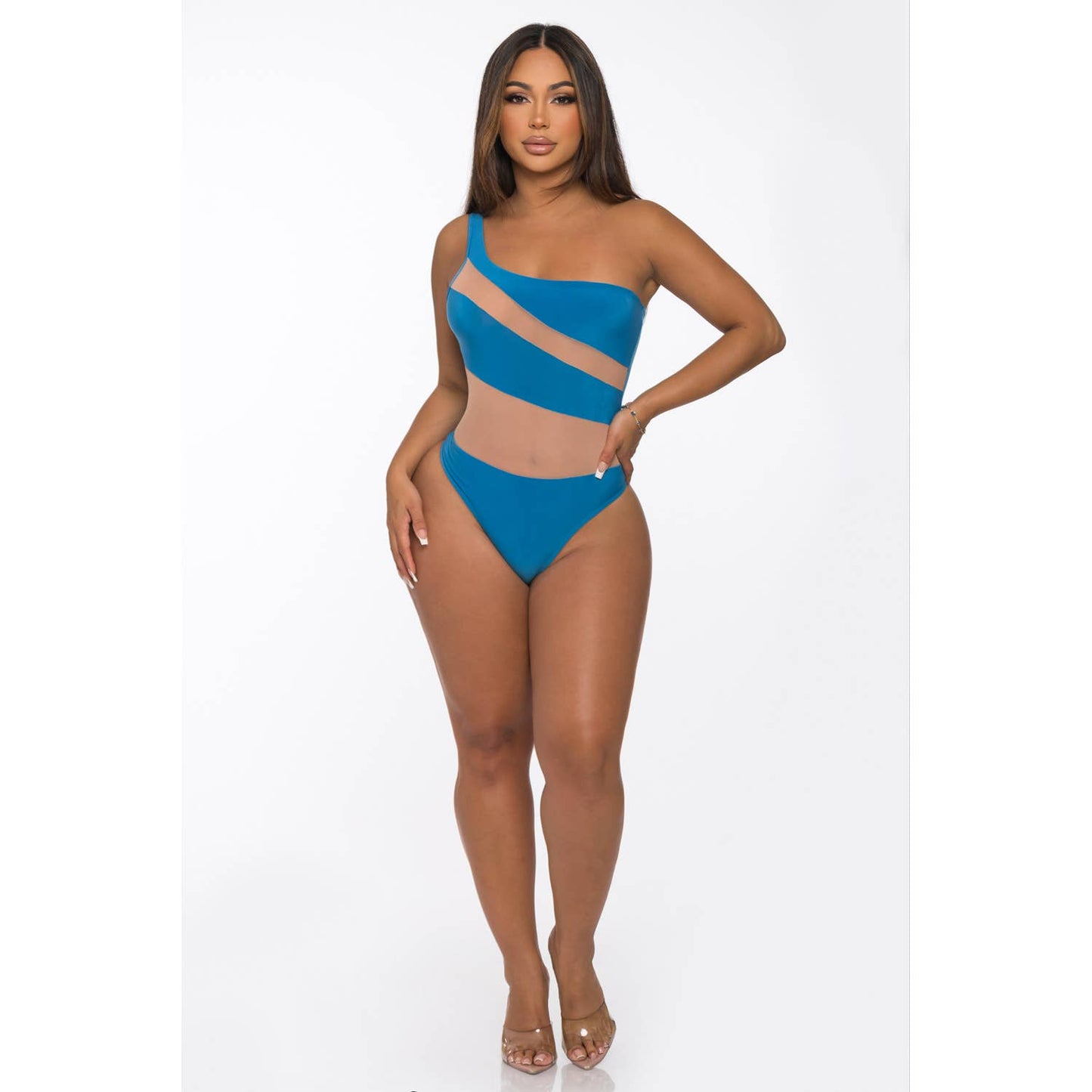 J7327 One Shoulder Mesh Contrast Bodysuit