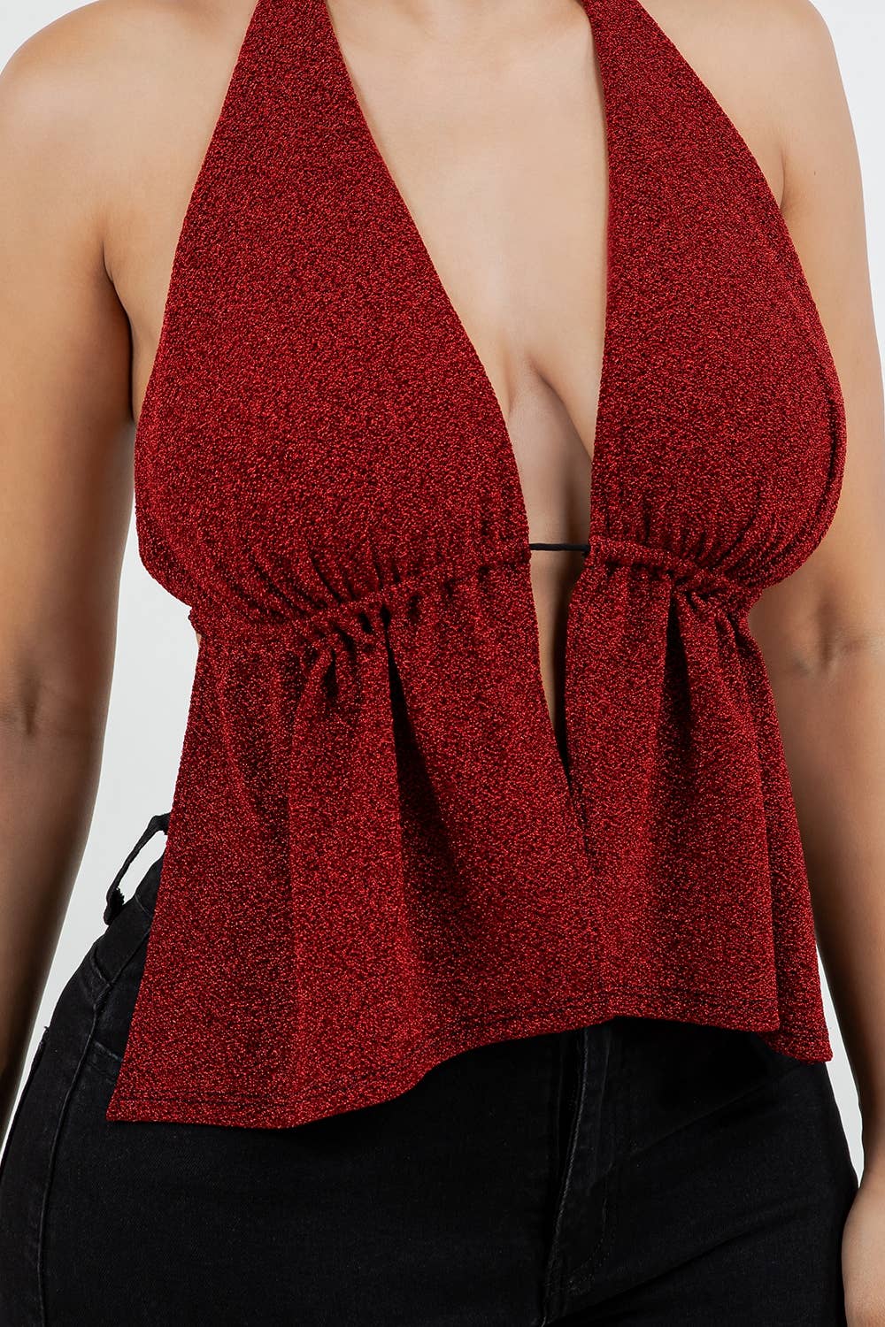 T6797 GLITTER HALTER TOP WITH OPEN TIE BACK