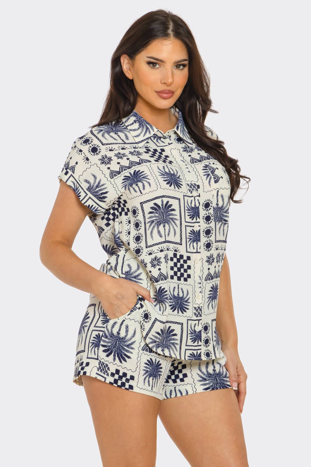 ST4280 Print Front Button Down Top And Shorts Set