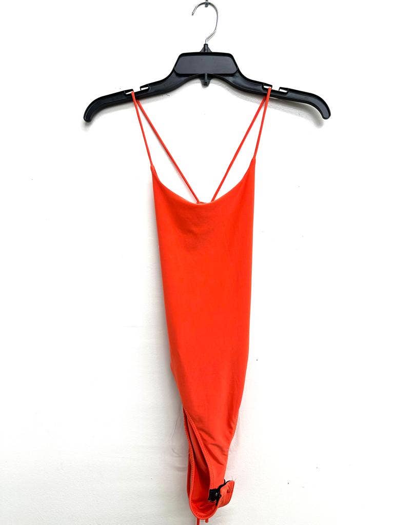 J6246 Cross Back Snap Button Spaghetti Sexy Bodysuit