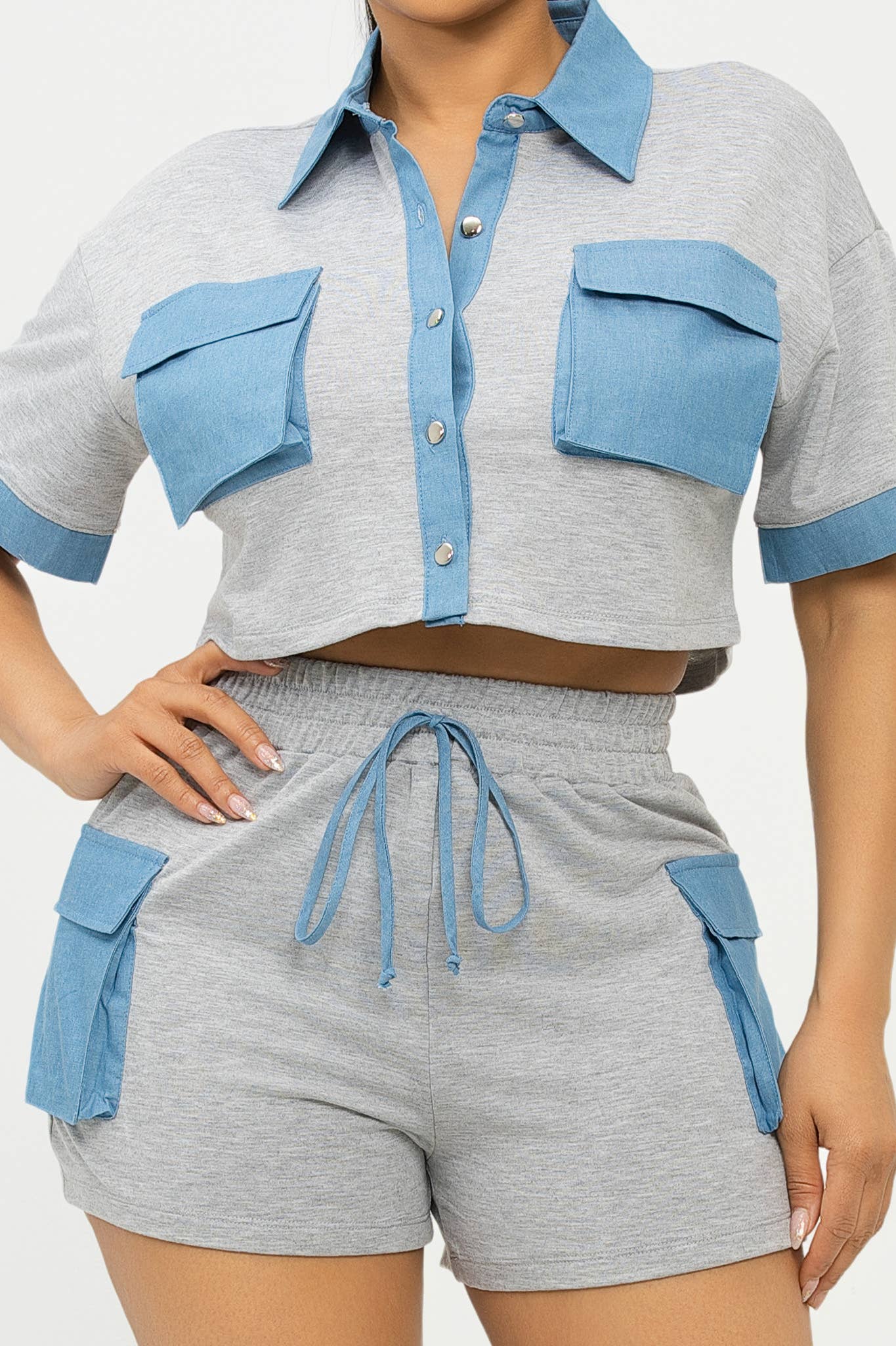 ST4776 Color Block Front Button Down Top And Shorts Set
