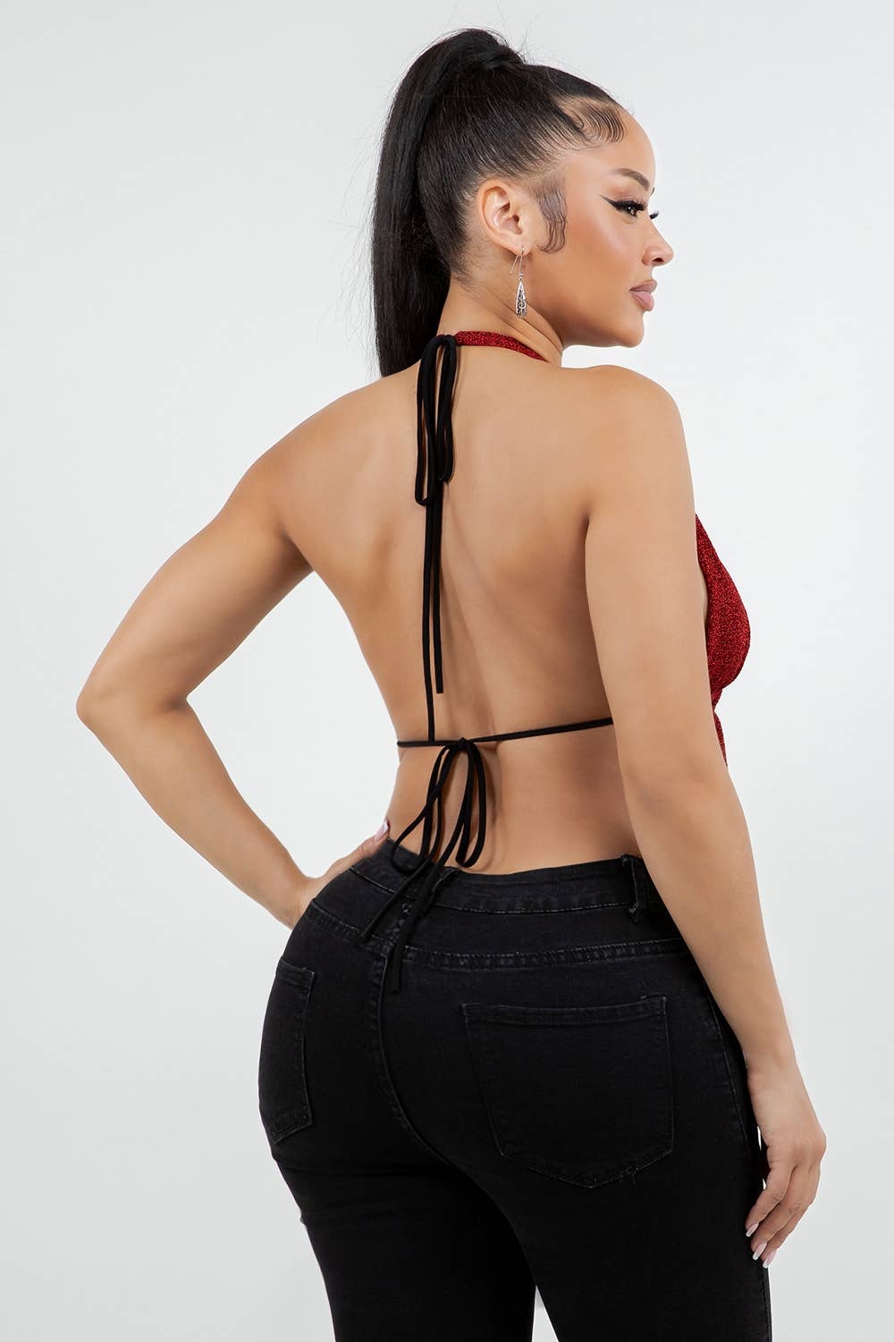 T6797 GLITTER HALTER TOP WITH OPEN TIE BACK