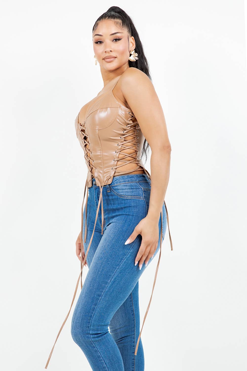 T6686 FAUX LEATHER CORSET TOP WITH EYELETS