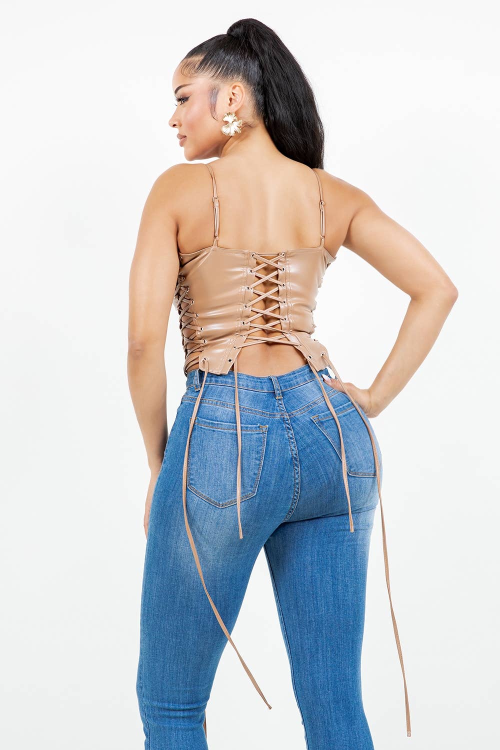 T6686 FAUX LEATHER CORSET TOP WITH EYELETS