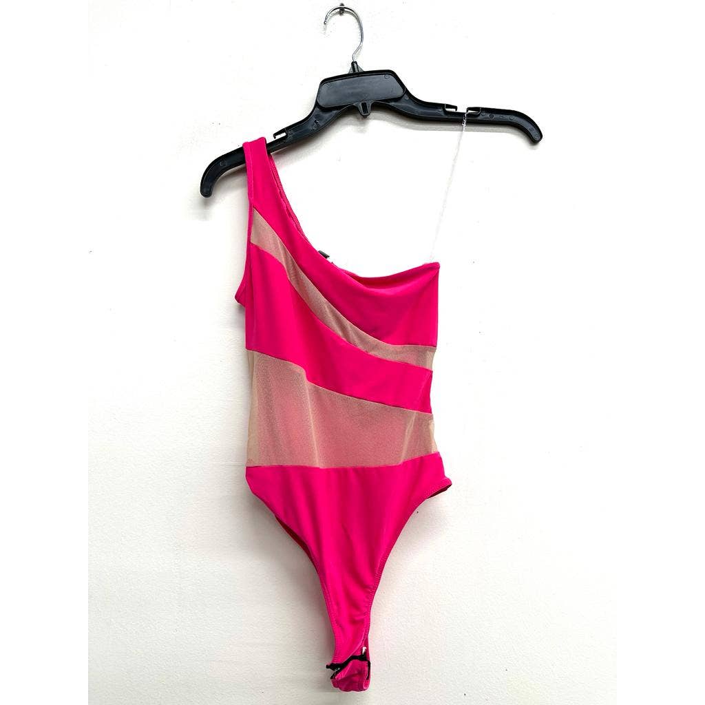 J7327 One Shoulder Mesh Contrast Bodysuit