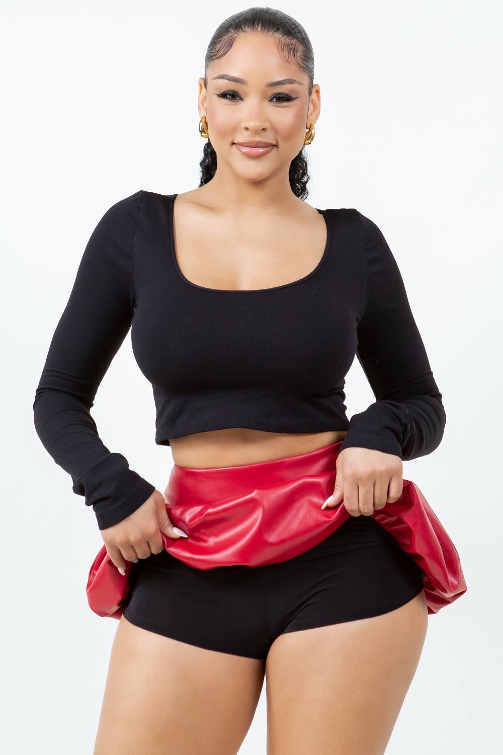 S1009 FAUX LEATHER BUBBLE SKIRT WITH INSIDE SHORTS